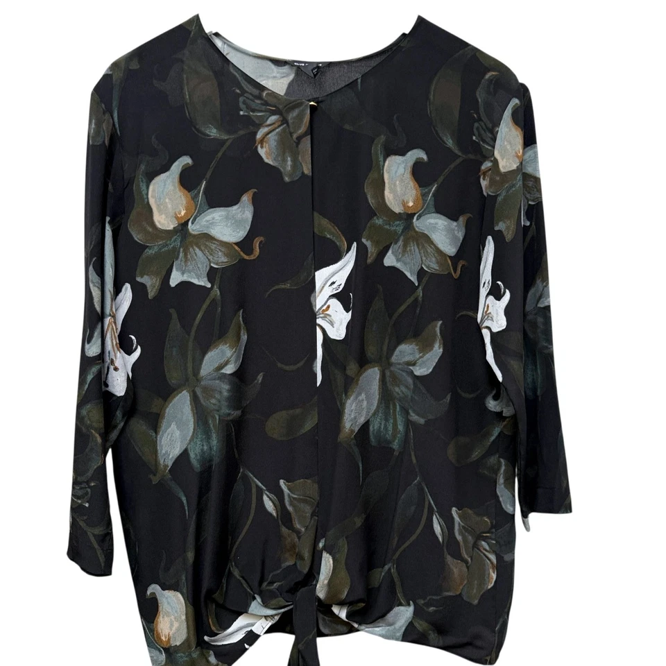Blusa de seda CLUB MONACO mediana negra tropical floral manga 3/4 corbata delantera para mujer Foto 3 de 4