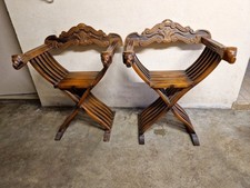 Paire de fauteuils curules en bois à mufle de lions dagobert Savonarole chaises