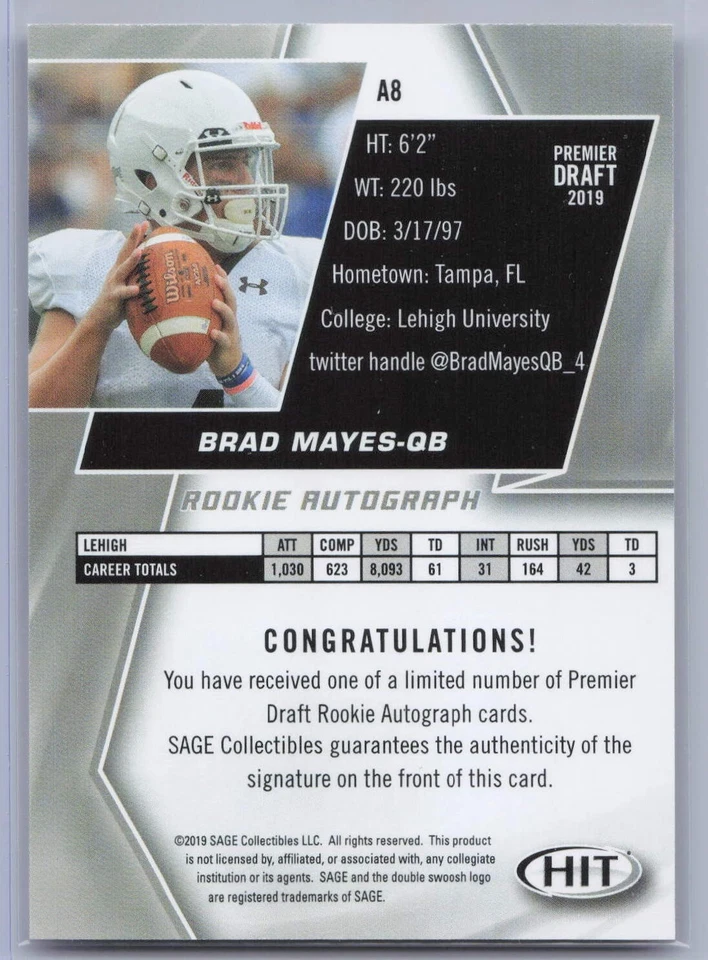 2019 Brad Mayes Sage Hit Black Rookie Premier Draft Autograph Card# A8 - Image 2 of 2