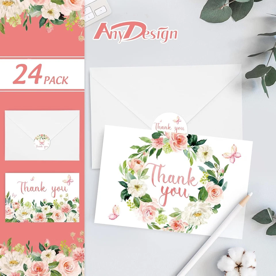 💌 Butterfly Floral Thank You Cards Set of 24 – Envelopes & Stickers Included - Image 3 of 4