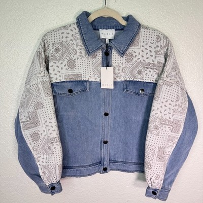 Mable Jacket Womens Small Denim Quilted Bandana Print Boho Anthropologie NEW