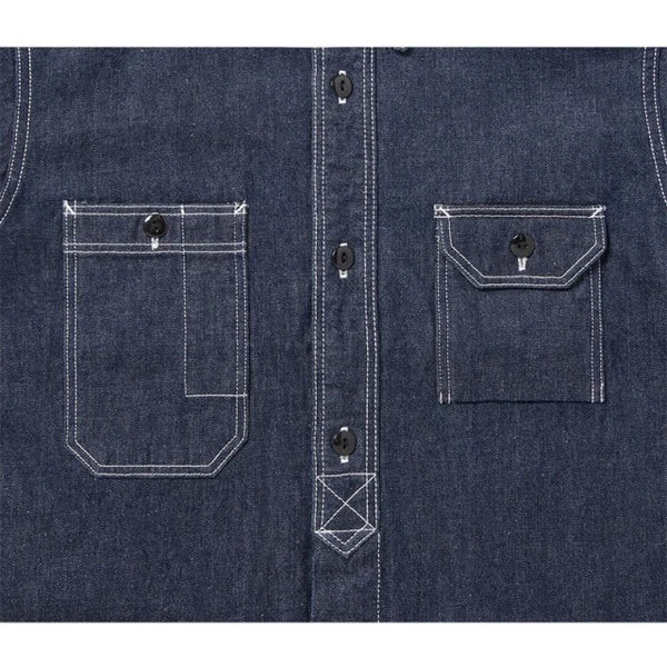 STUDIO D'ARTISAN 5333B-S Denim Short Sleeve Work Shirt Worn Image