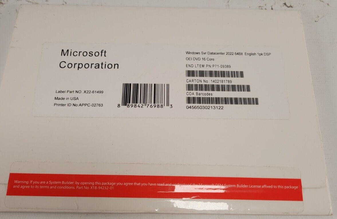 Microsoft Windows Server svr Datacenter 64-bit 16 Core License 1PK DSP OEI DVD Microsoft Windows Server svr Datacenter 64-bit 16 Core License 1PK DSP OEI DVD