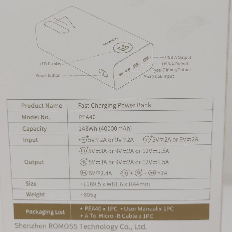 Зарядное устройство портативное для телефона ROMOSS Power Bank, 40 000 мАч 18 Вт с быстрым USB C - Изображение 4 из 4
