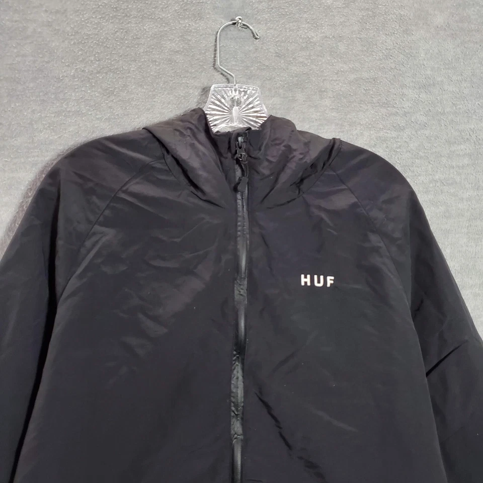 HUF Men Jacket Large Black Windbreaker Pockets Hooded Full Zip Long Sleeve Nylon - Image 3 of 4