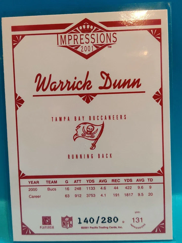 2001 Pacific Impressions Warrick Dunn #131 Hobby Red Backs Parallel /280 - Image 3 of 4