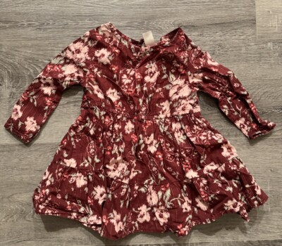 Osh Kosh Long Sleeve Dress Girls 2T Maroon Floral Shimmer Fall Winter  Autumn