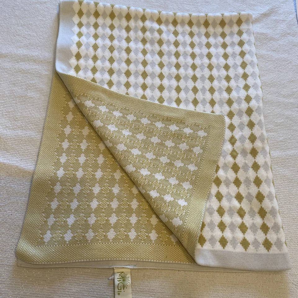 MIGI Baby Blanket Gray Green Diamond Argyle 100% Cotton 32x39 soft knit unisex - Image 3 of 3