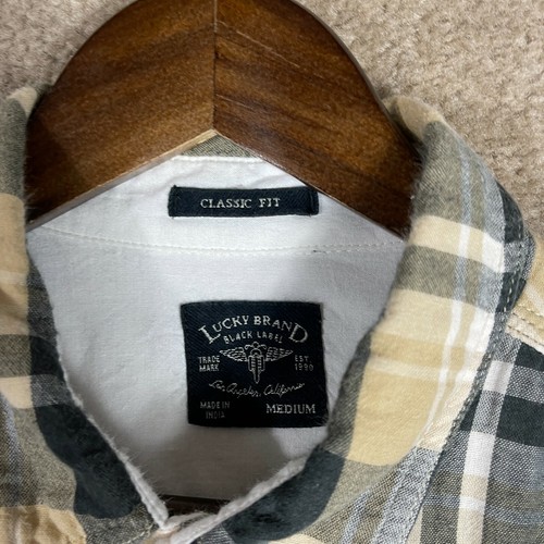Lucky Brand Shirt Mens Medium Tan/Gray Flannel Plaid Classic Fit Button Down - Picture 3 of 6