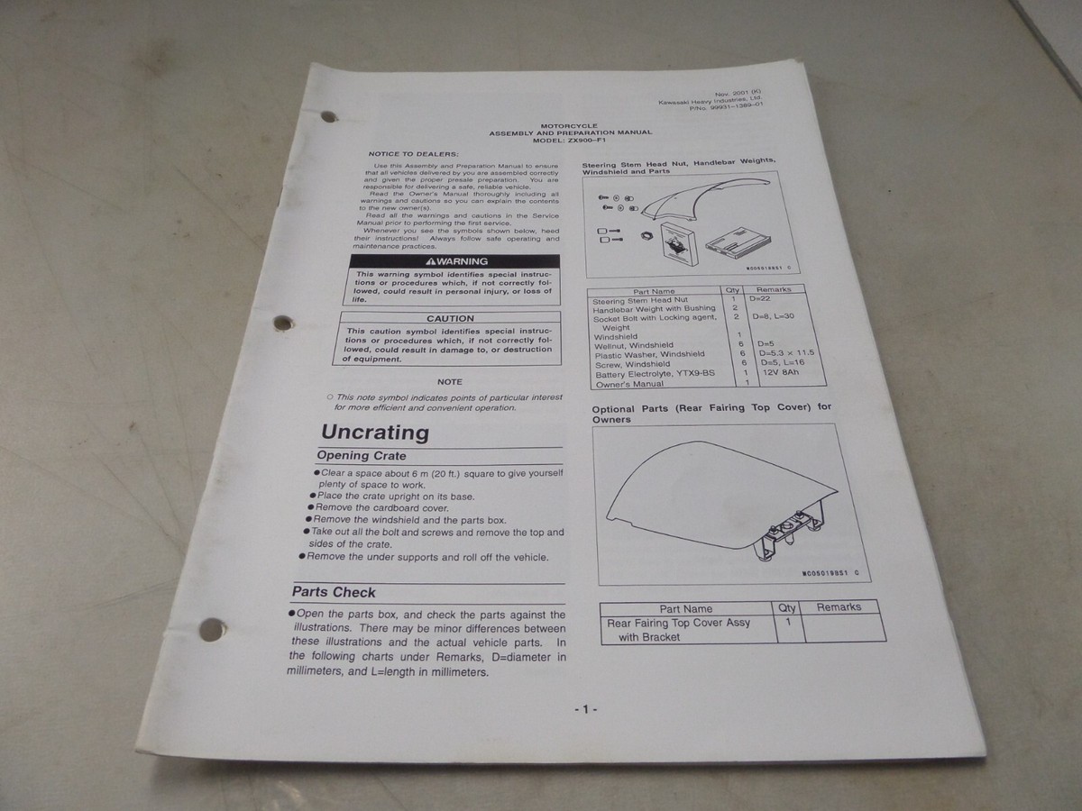 Kawasaki Assembly And Preparation Sheet ZX900-F1 99931-1389 Kawasaki Assembly And Preparation Sheet ZX900-F1 99931-1389