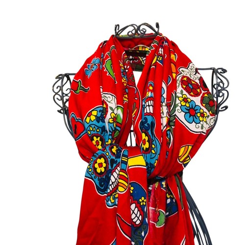 Damen Mode Schal Halstuch Tuch rot Totenköpfe Tag der Toten Dia de Muertos 62 x 43 - Bild 3 von 11