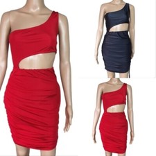 Bodycon dress cut out midi Sze M ruched  one shoulder Black Sexy party cocktail