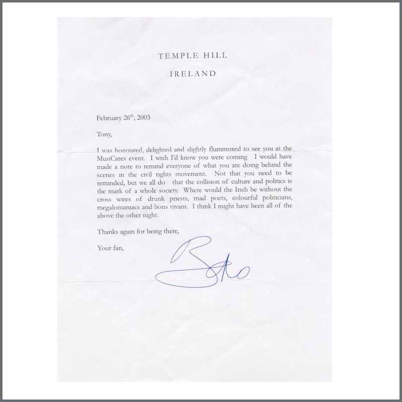 Bono 2003 Signed Letter To Tony Bennett (UK)