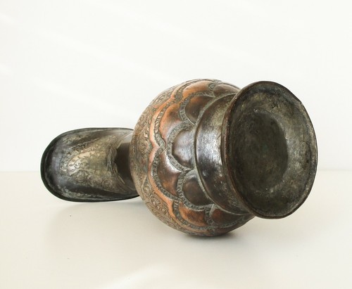 Early 20th C, Antique Islamic Persian Hand-forging Etched Tinned Copper Pitcher - Picture 4 of 5