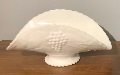 LE Smith - White Milk Glass Low Pedestal Banana Dish / Bowl  Grape & Leaf Design