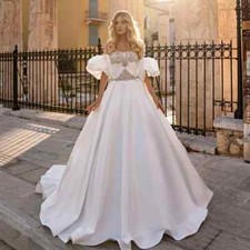 Princess A Line Wedding Dresses Puffy Short Sleeve Sequins Crystal Bridal Gowns