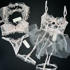 For LOVE  LEMONS 32A BRA SET XXS garter BABYDOLL teddy MAE pink white EMBROIDER