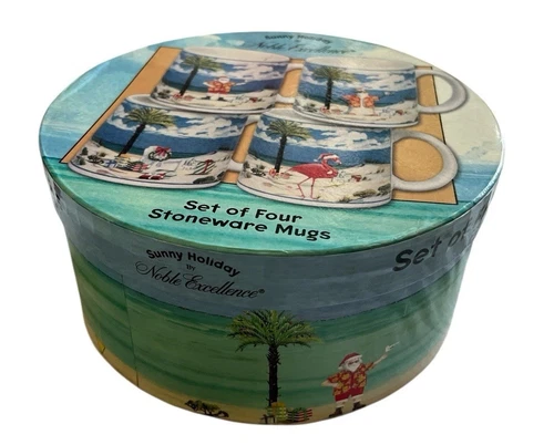 Set Of 4 Coffee Mugs 12 Oz. Stoneware Cups Sunny Holiday Christmas Santa Beach