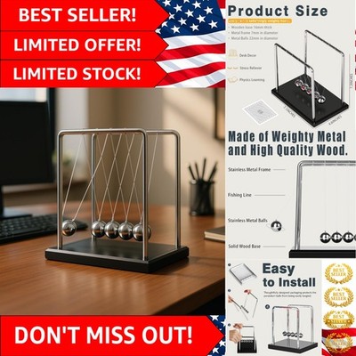 Large Newtons Cradle Balance Pendulum 5 Balls, Wooden Base Newton's Cradle, D...