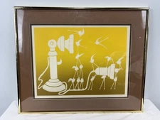 Vtg MCM Etching Margery Bettinger ‘dial-a-chick’ Signed Framed Yellow MAR