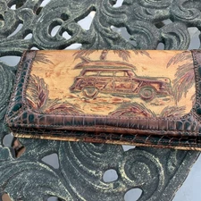 Brahmin Copa Cabana Slim Bifold Wallet Multi Dark Brown Palm Trees Car Rare Vtg