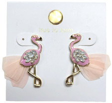 NEW TRUE TO FORM GOLD & PINK CRYSTAL FLAMINGO BIRD 3D DROP DANGLE EARRINGS
