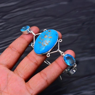 Kupfer Türkis und Blautopas Edelstein: 925 Sterling Silber Handarbeit Armband - Bild 1 von 4