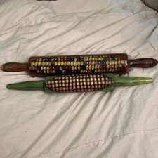Vtg Set of 2 Hand Painted Wooden Rolling Pins with Corn Motif Cottage Core
