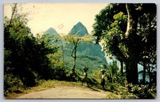 St. Lucia Twin Pitons Southwest Coast Woman Carrying on Heads Vintage Postcard