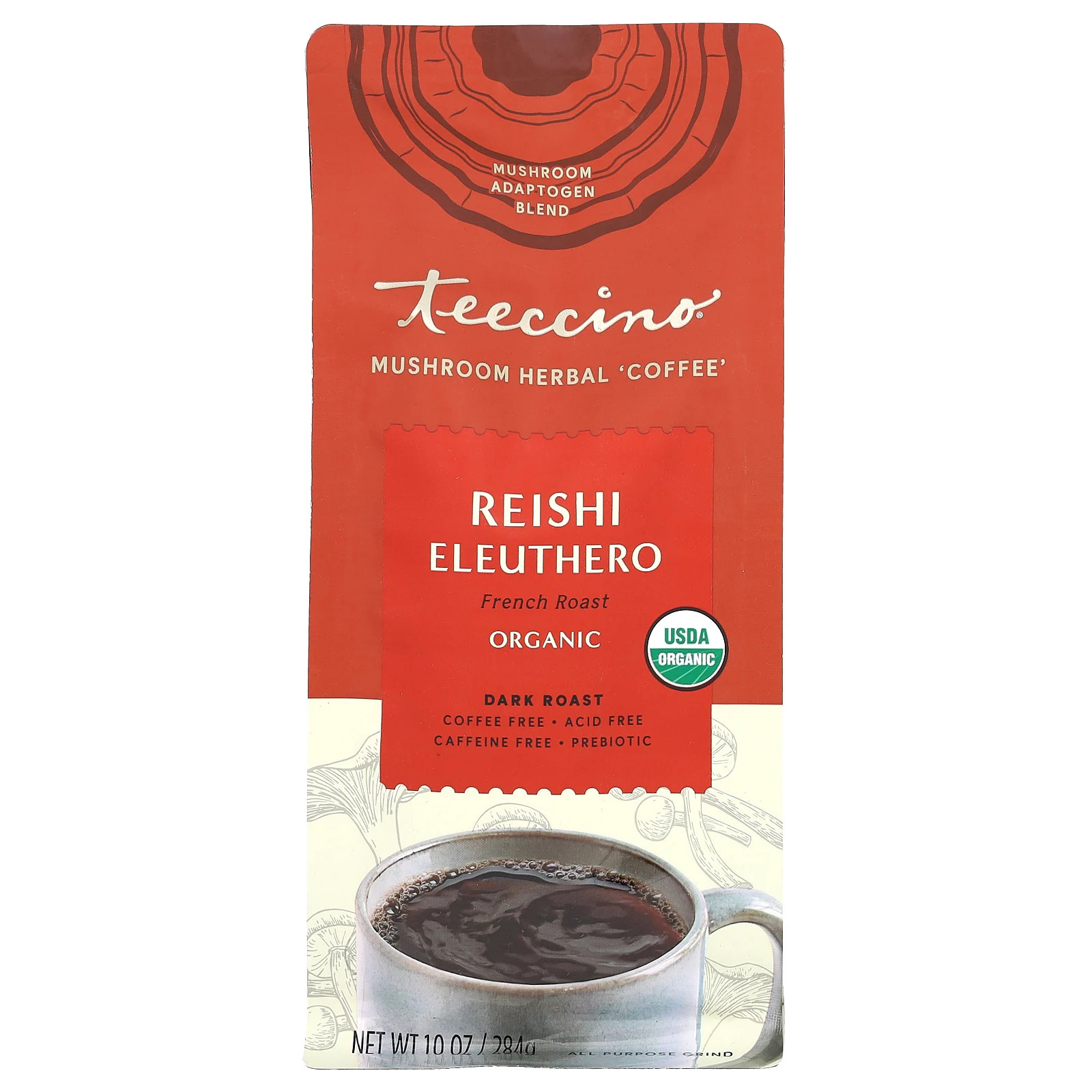 Mushroom Herbal Coffee, Reishi Eleuthero, Dark Roast, Caffeine Free, 10 oz (284