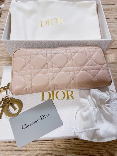 Authentique portefeuille long rose Christian Dior 10 x 19 cm avec logo breloque femme