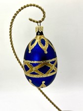 Vintage Faberge Egg Inspired Royal Blue Gold Glitter Glass Ornament 4  