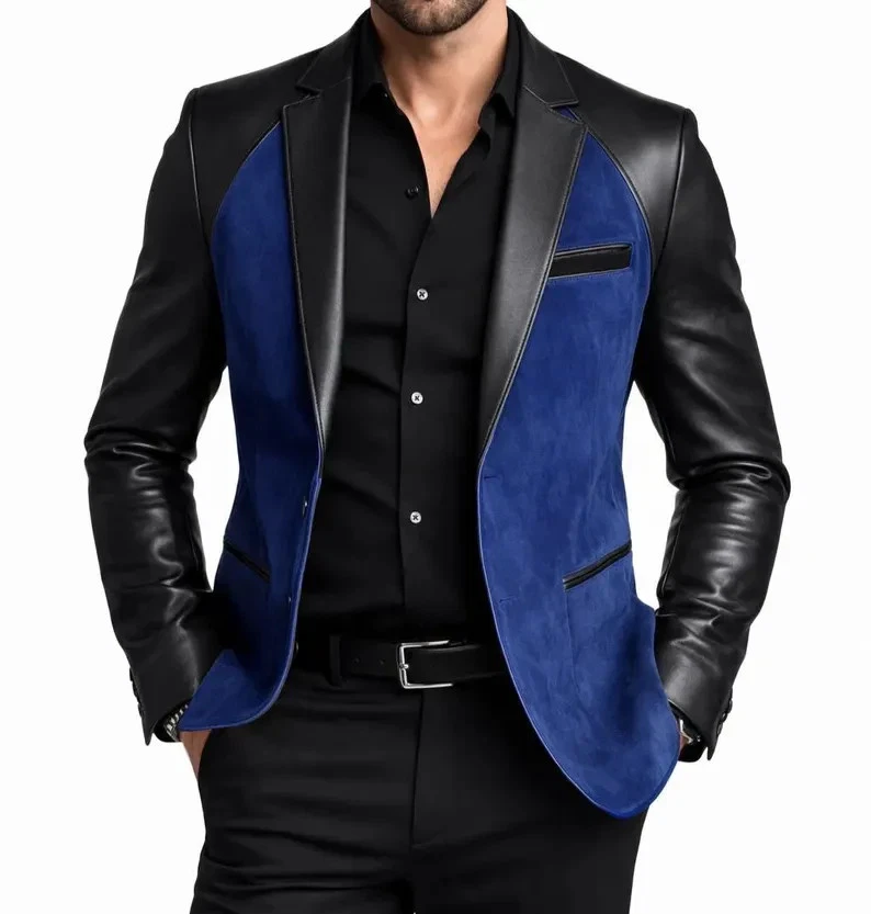 Men Royal Blue Suede Black Leather Blazer Jacket Contrast Slim Fit Coat Handmade