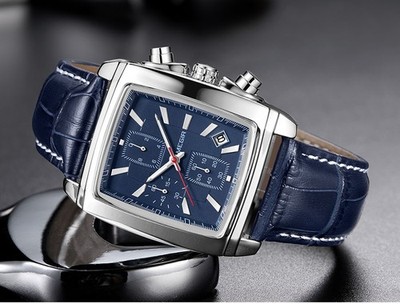 Herrenuhr Quarz Lederband Chronograph Rechteck Design Elegant Casual Stil  