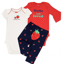Carters Baby Girls Strawberry 3pc Bodysuit Pants Outfit Set 6M Pink-Navy Blue