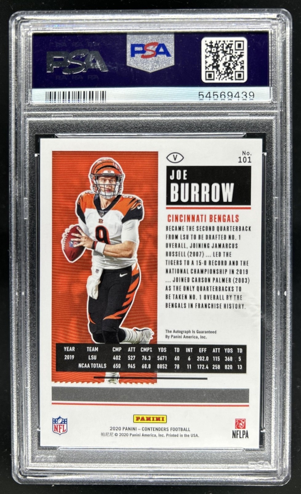 2020 Panini Contenders Joe Burrow RC Rookie Auto #101b Bengals PSA 10 GEM MINT view 2