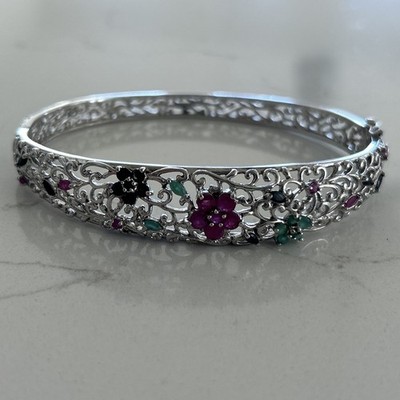 Ross Simons Smaragd Rubin Saphir Sterling Floral Armreif Armband 925 Lrg 8,25''