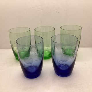 Vintage Etched Glass Tumblers Set of 5 Green Blue Ombre Floral AP#563