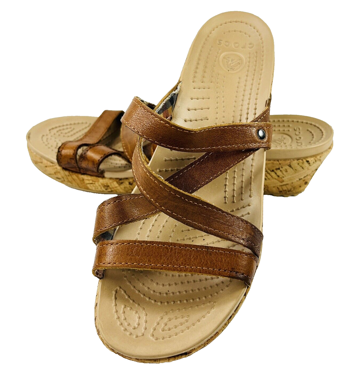 Crocs Leigh 8 Cork Brown Wedge Sandals Leather Straps 11847 Womens