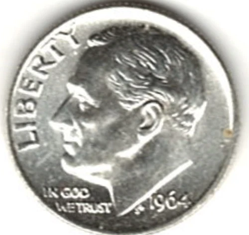1964 ROOSEVELT DIME in BRILLIANT UNCIRCULATED CONDITION stk RD 2