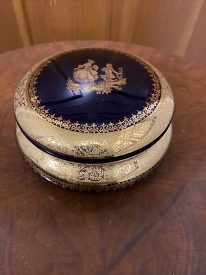 Bonbonniere Porcelain Limoges Scene Amatory Style Fragonard Gold Cobalt 6 