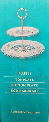 Pioneer Woman 2 Tiered Dessert Server Cassie Embossed Glass Teal or Clear U Pick - Picture 10 of 24