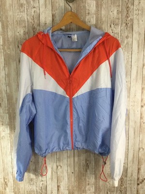 Divided Women's Large Semi Crop Zip Up Windbreaker Baby Blue White Red Jacket