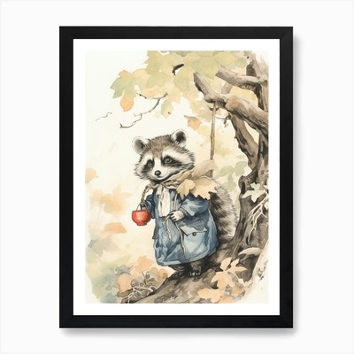 Bilderbuch Tier Aquarell Waschbär gerahmt Wandbild Poster Leinwanddruck Bild
