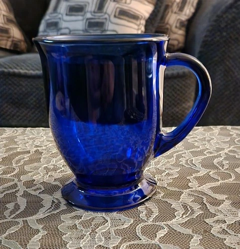 Vintage Cobalt Blue 16 oz Glass Footed Café Latte Coffee Mug Anchor Hocking, 5”