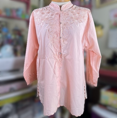 Blusa túnica bordada floral vintage años 70 boho rosa cuello mandarín Caro Honolulu - Imagen 1 de 8