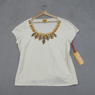 Ruby Rd Shirt Womens XL White Beaded Embellished Scoop Neck Short Sleeve Boho