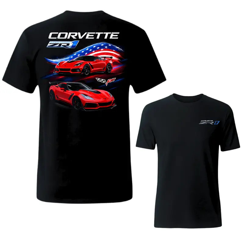 Sport T-Shirt Racing Car Graphic Tee, ZR1 Supercar American Flag Style Shirt, St