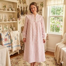 LANZ of SALZBURG Sz S Pink Tyrolean Floral 49" Flannel Nightgown Eyelet Trim NWT