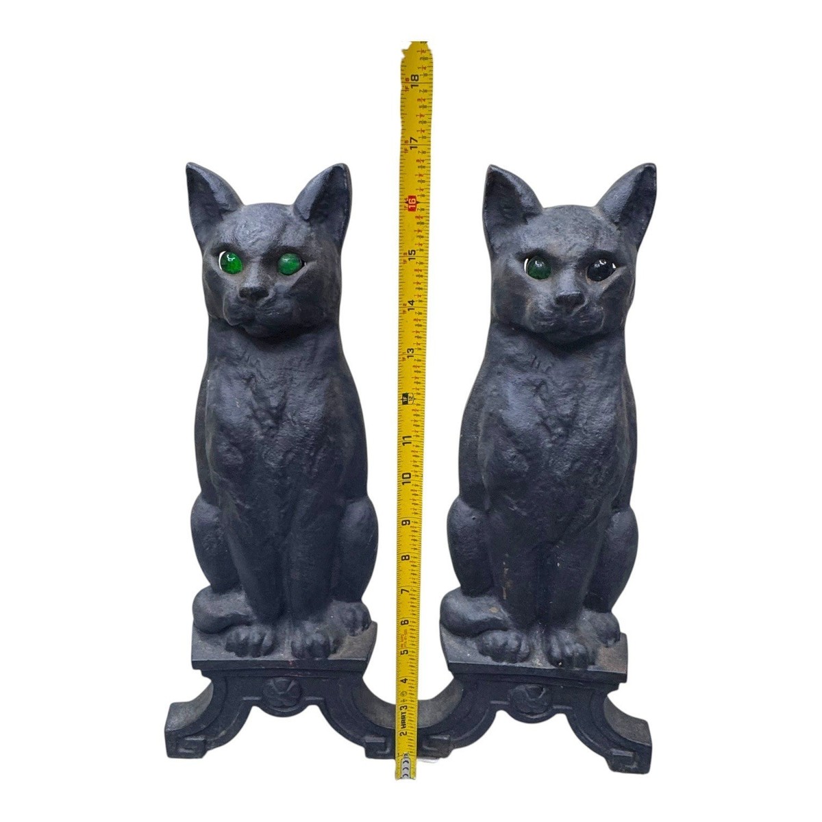 Antique Pair Vtg Cast Iron Black Cats Green Glass Eyes Figural